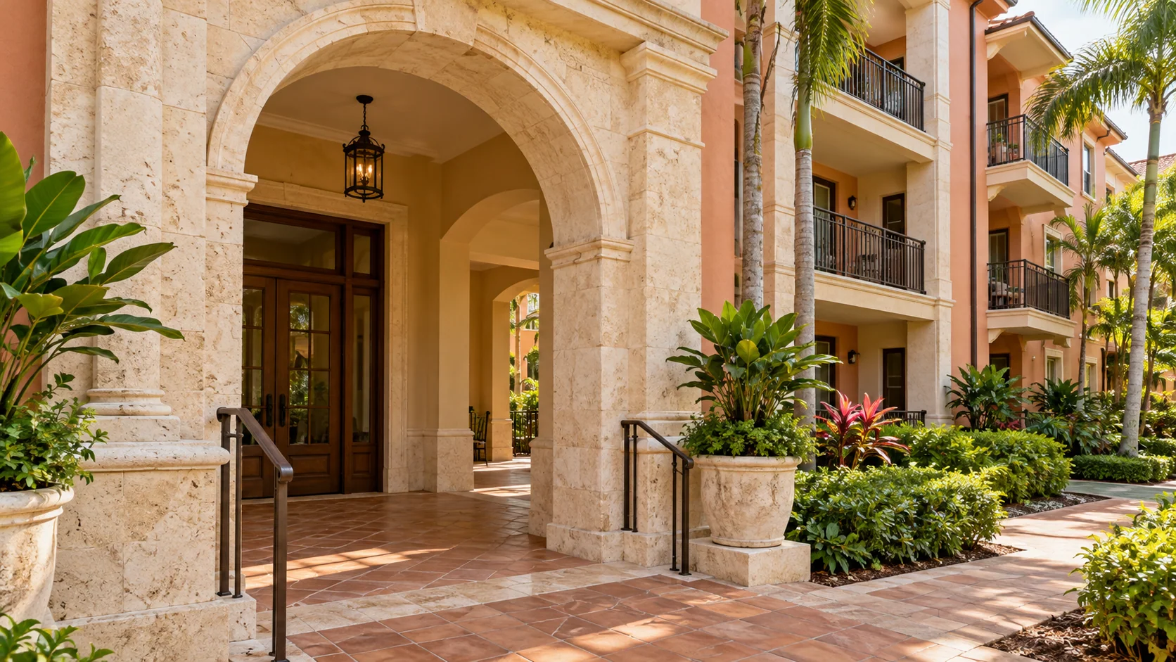 Naples-inspired arched limestone entrance to a condominium community