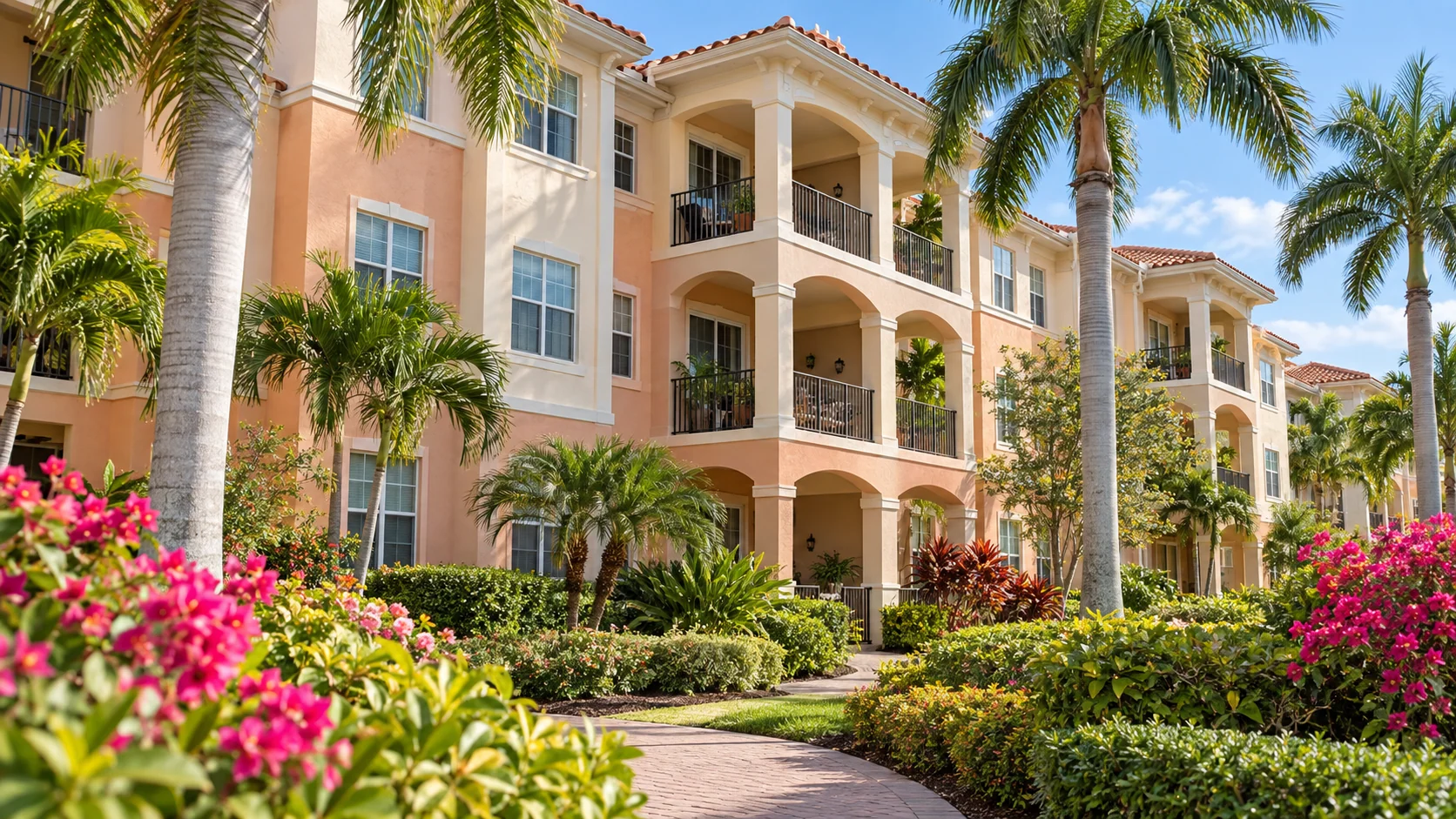 Naples-inspired coral coastal condominiums beside a flowering garden