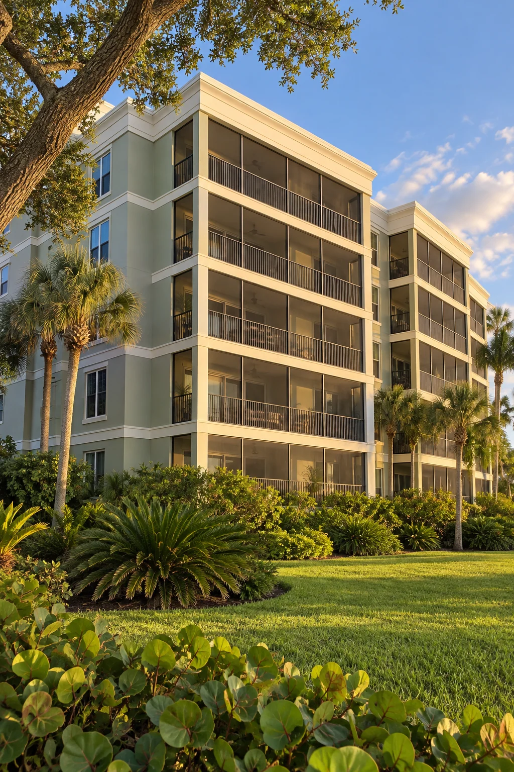 Naples-inspired condominium building with screened lanais and native landscaping