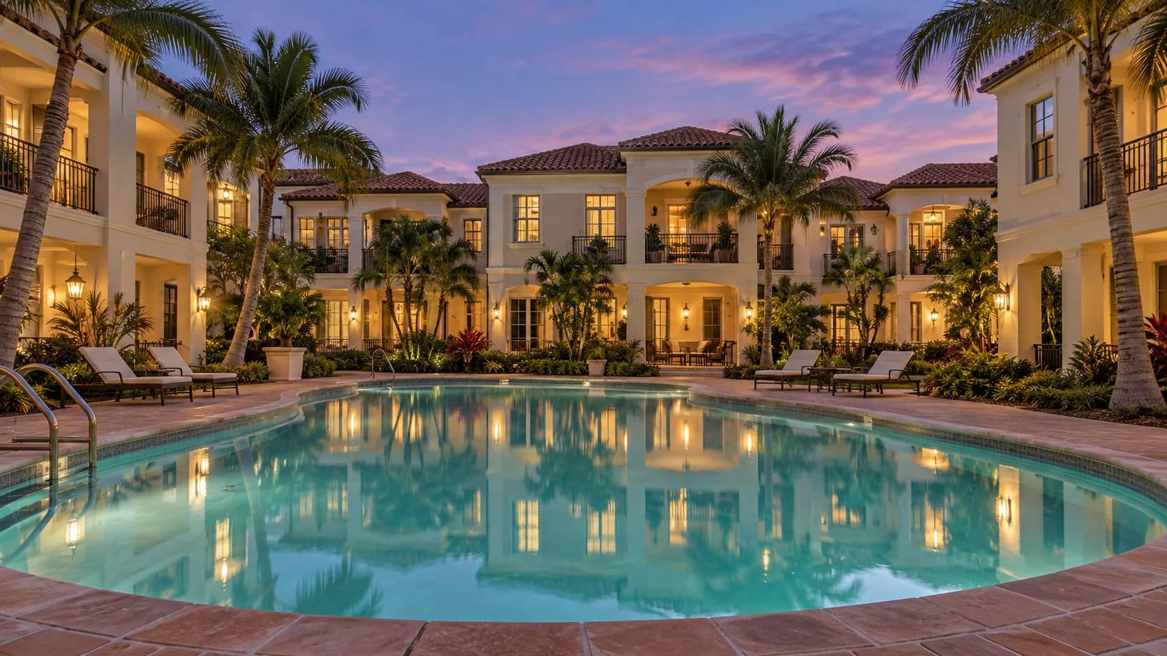 Naples-inspired low-rise residential community around a pool at dusk