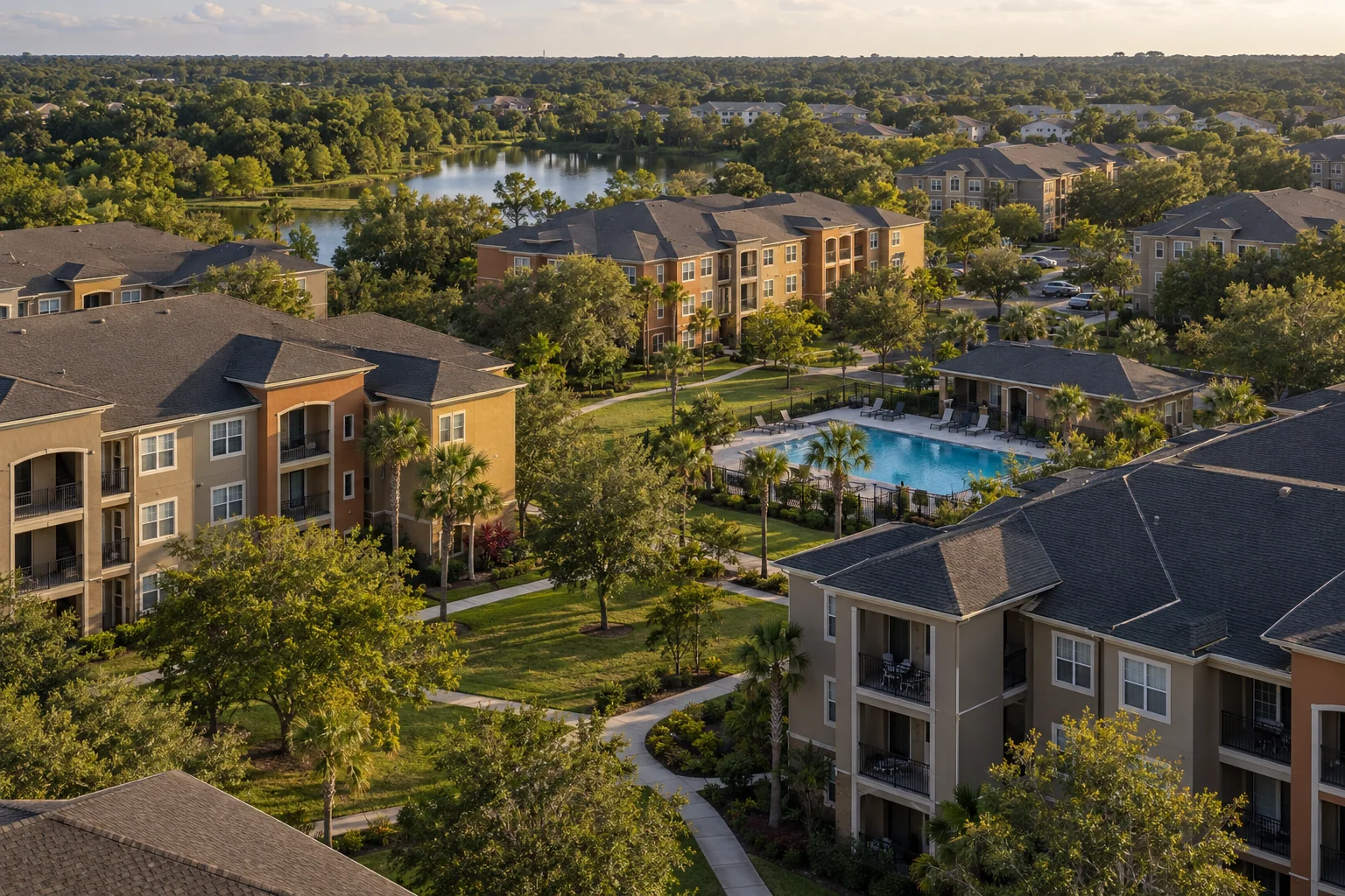Orlando-inspired apartment neighborhood with green spaces seen from above
