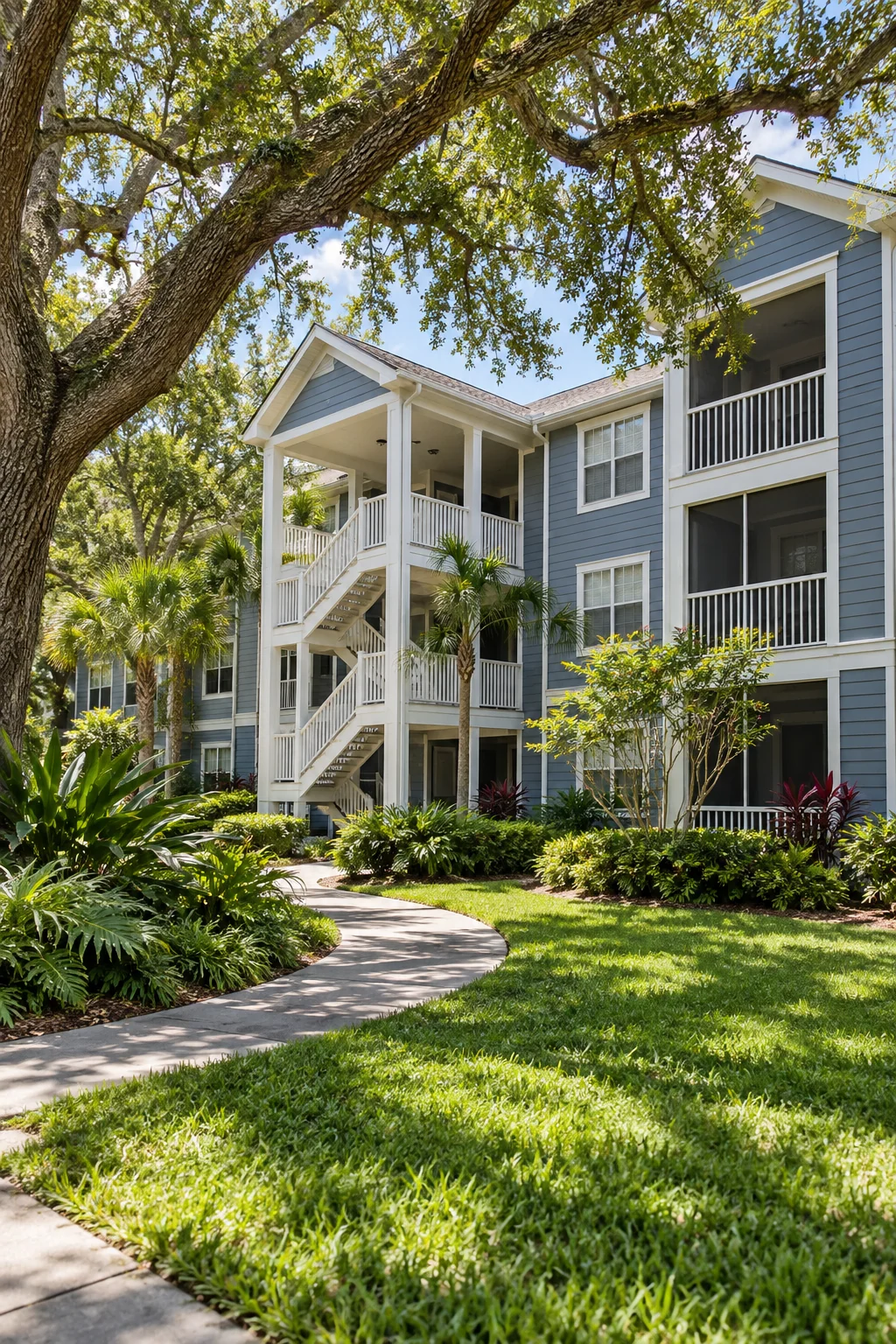 Orlando-inspired slate-blue garden apartments beneath mature oak trees