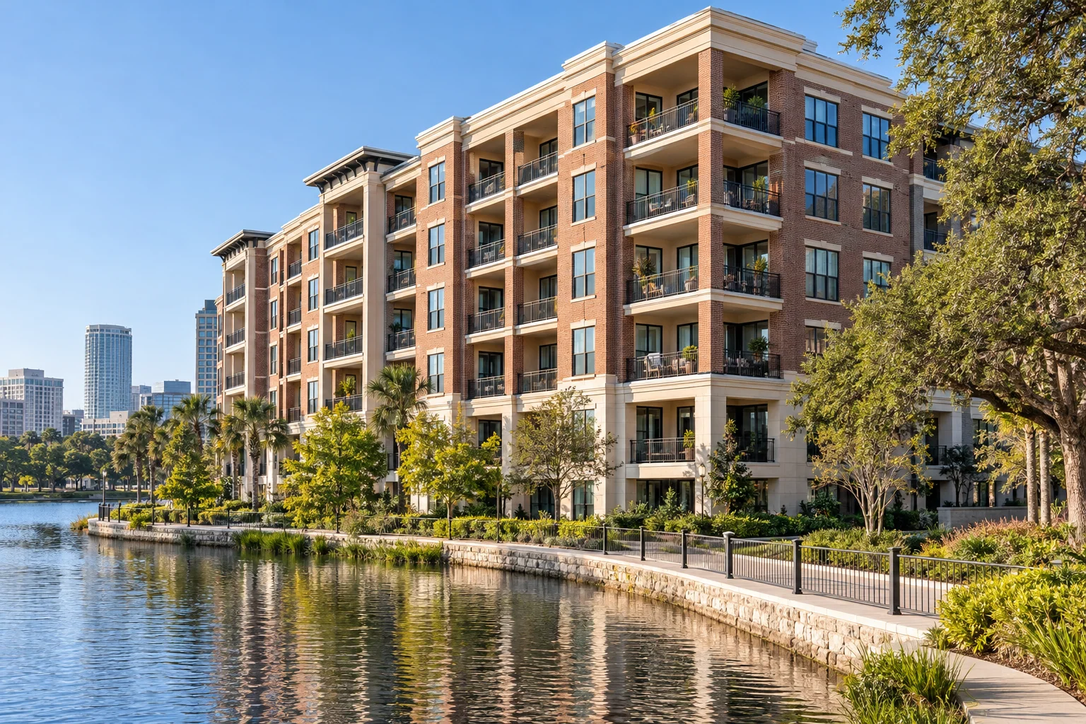 Orlando-inspired brick apartment building along a lakeside promenade