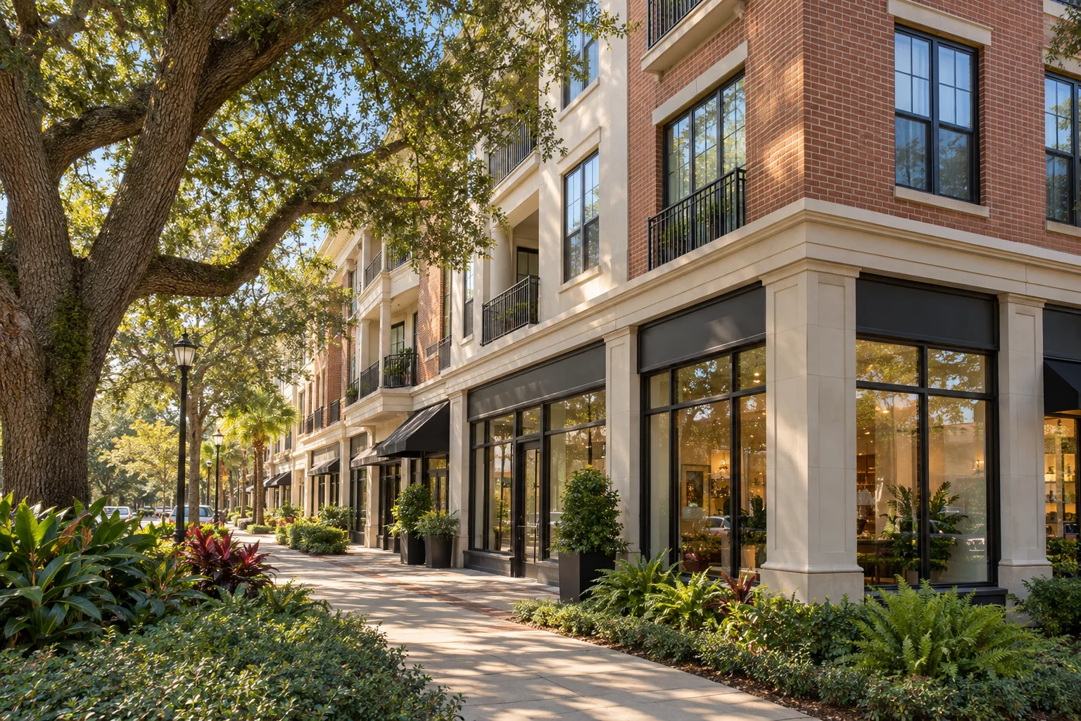 Orlando-inspired brick and stucco apartments along an oak-shaded street