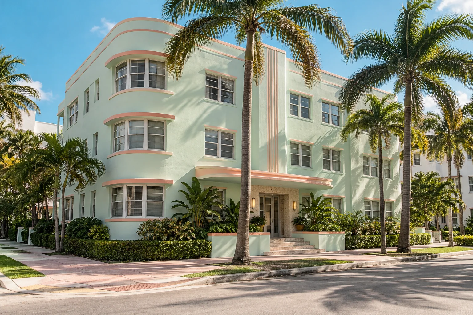 South Florida-inspired seafoam Art Deco apartment building on a palm-lined street