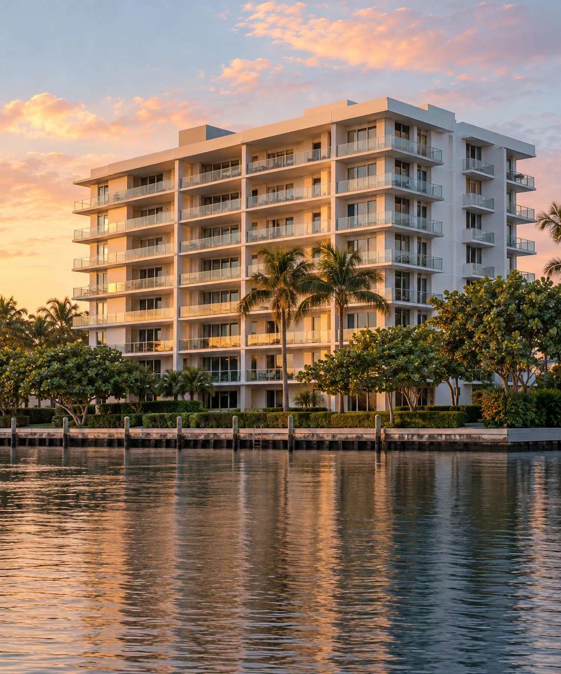 South Florida-inspired canalside residential condominium at sunset