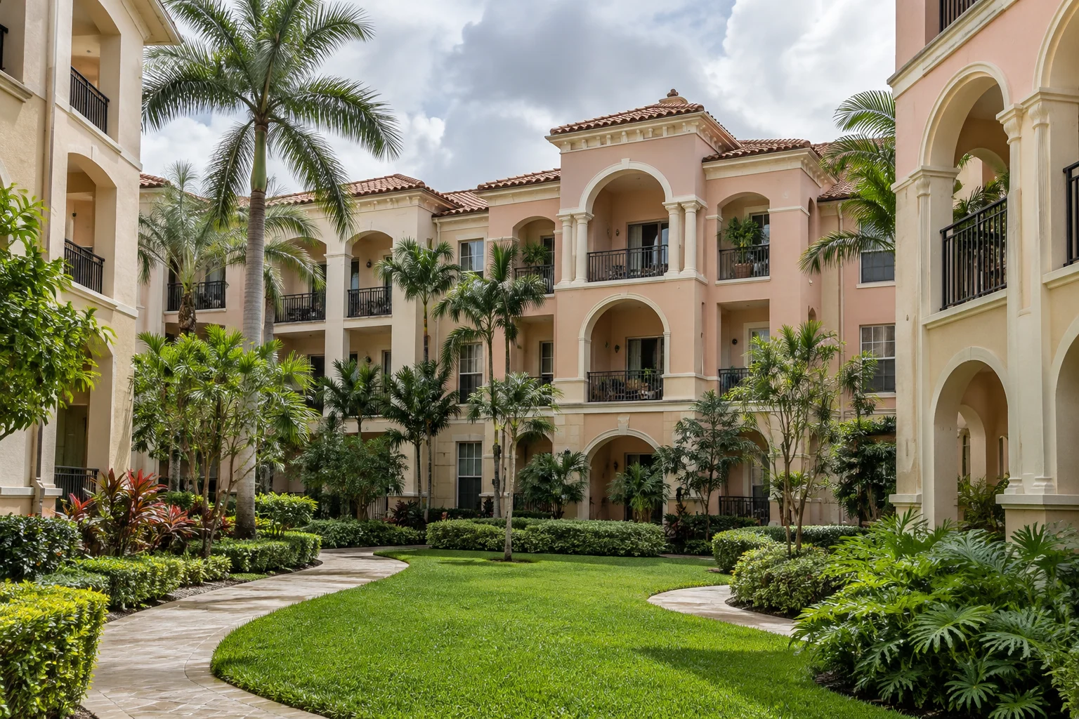 South Florida-inspired Mediterranean apartments around a tropical courtyard