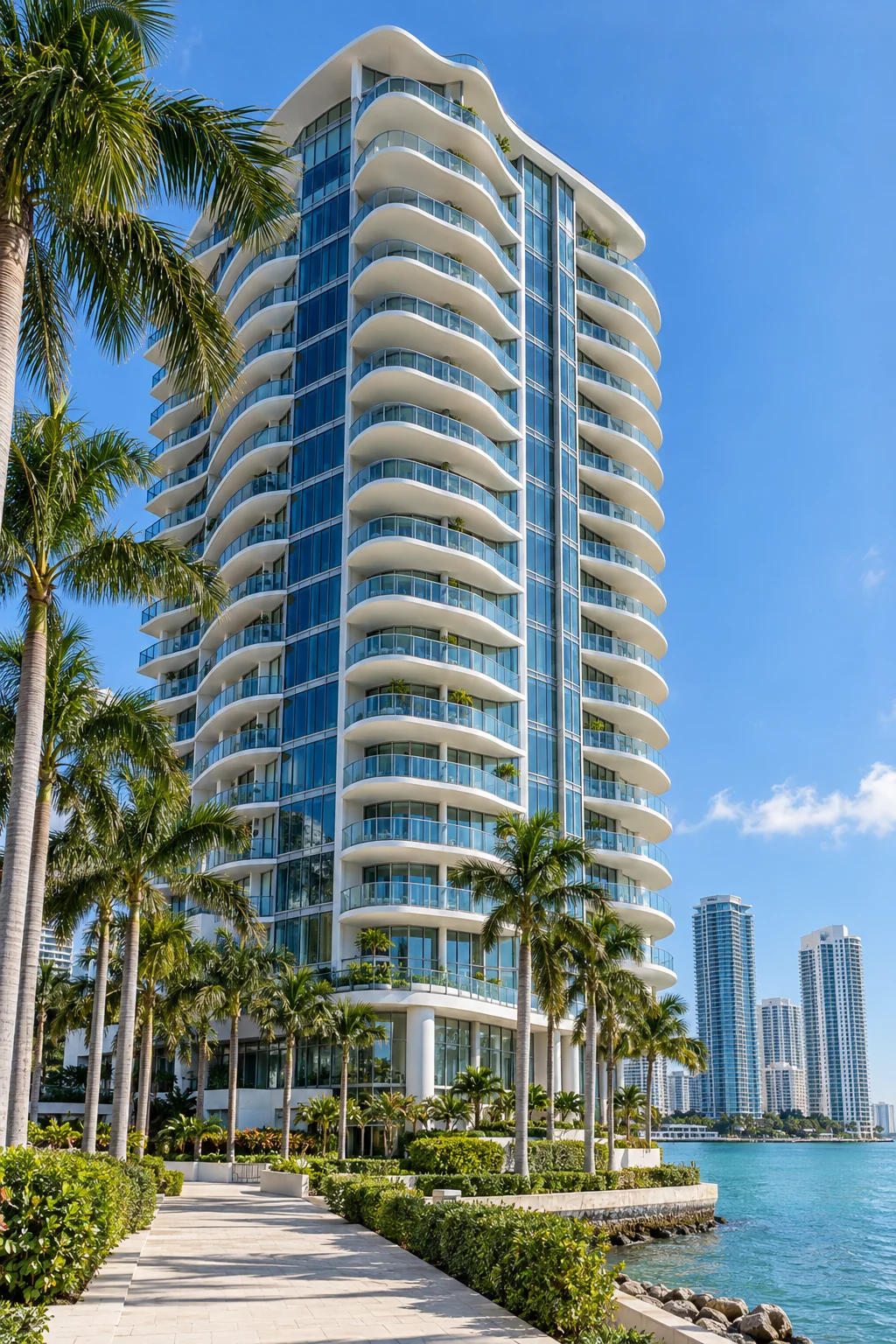 South Florida-inspired waterfront condominium tower with curved balconies and palms
